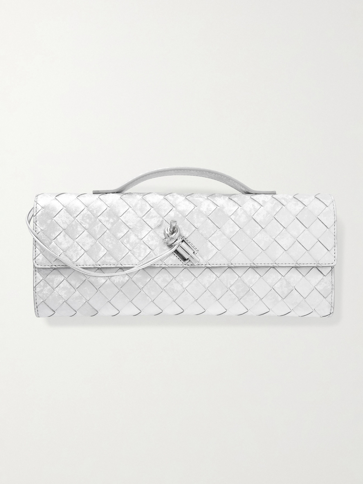 Bottega Veneta Long Andiamo Intrecciato Metallic Leather Clutch In Silver