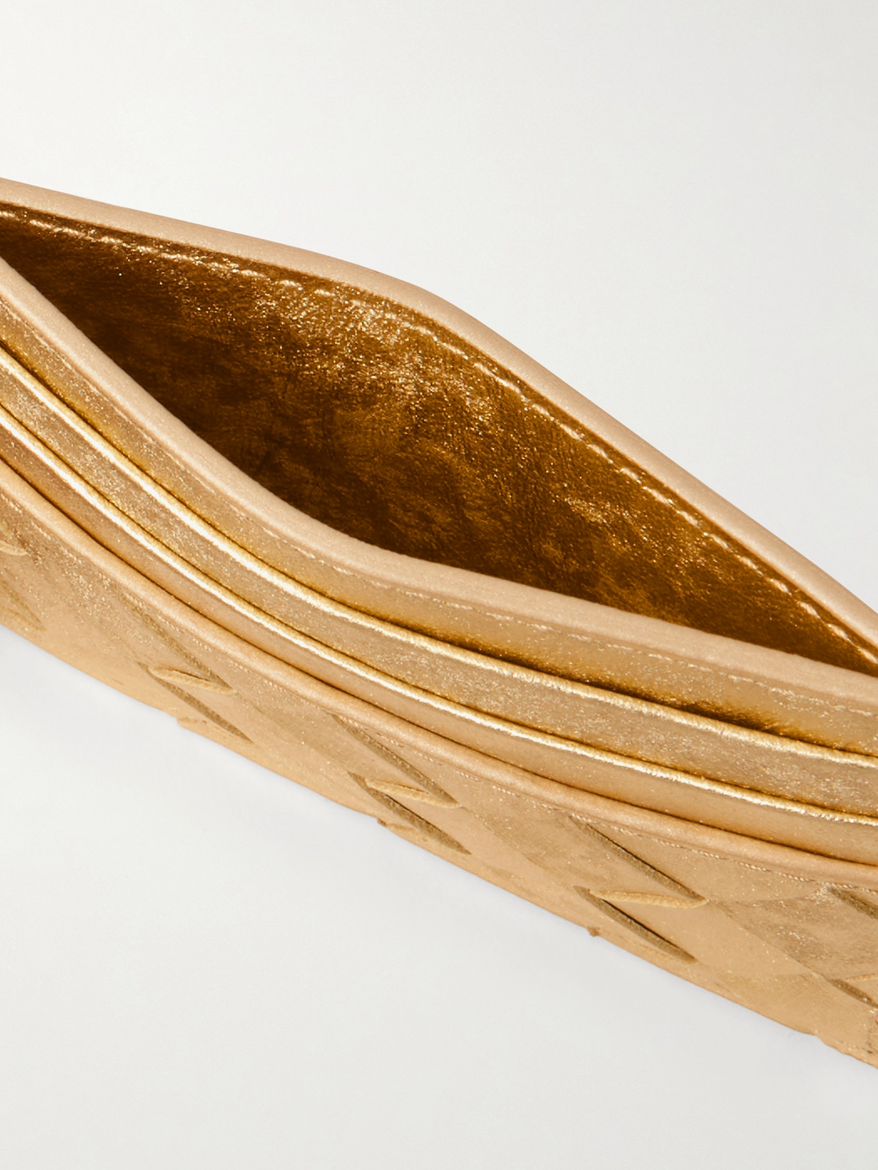 Bottega Veneta Intrecciato Distressed Metallic Leather Cardholder In Gold