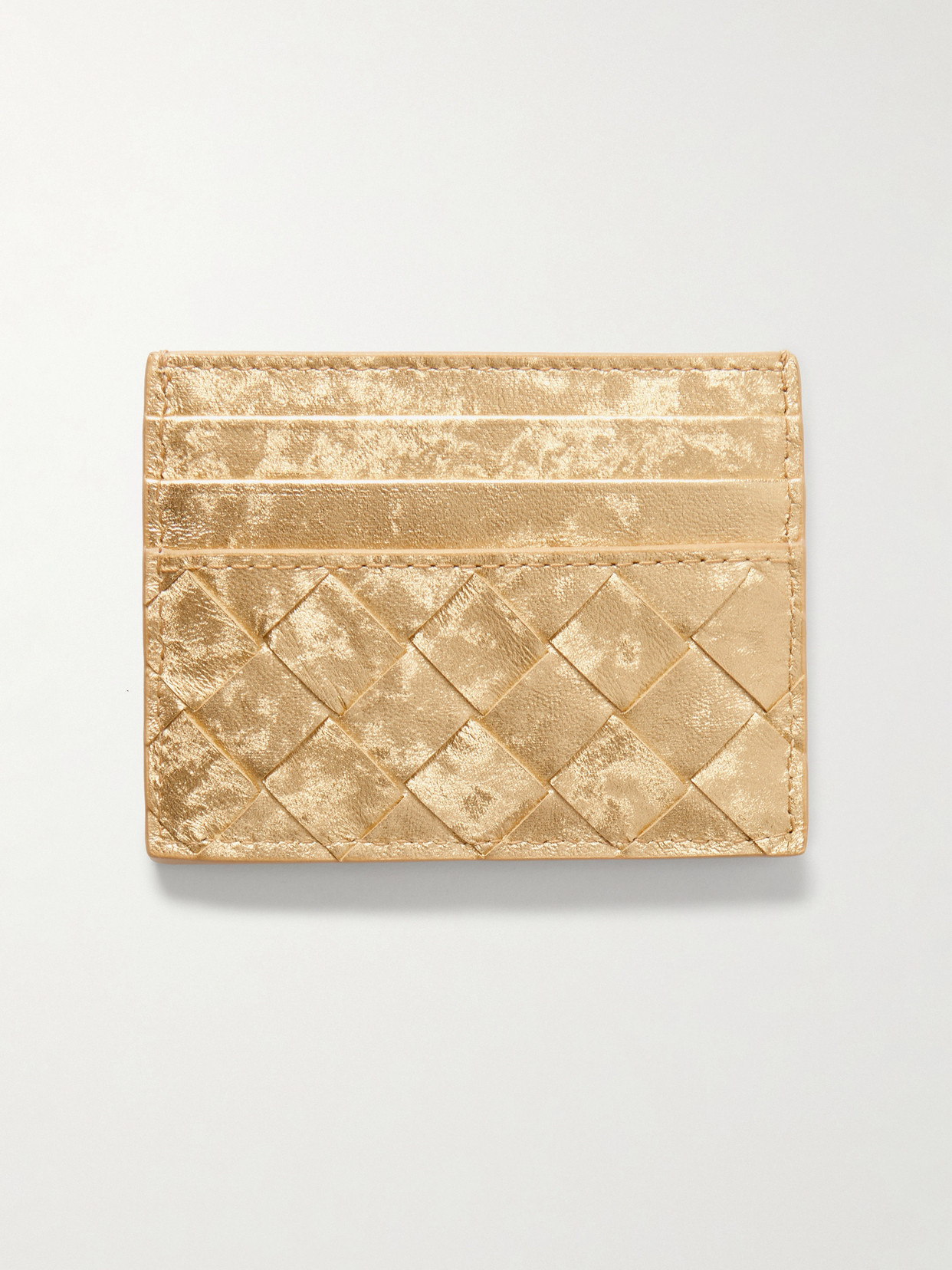 Bottega Veneta Intrecciato Distressed Metallic Leather Cardholder In Gold