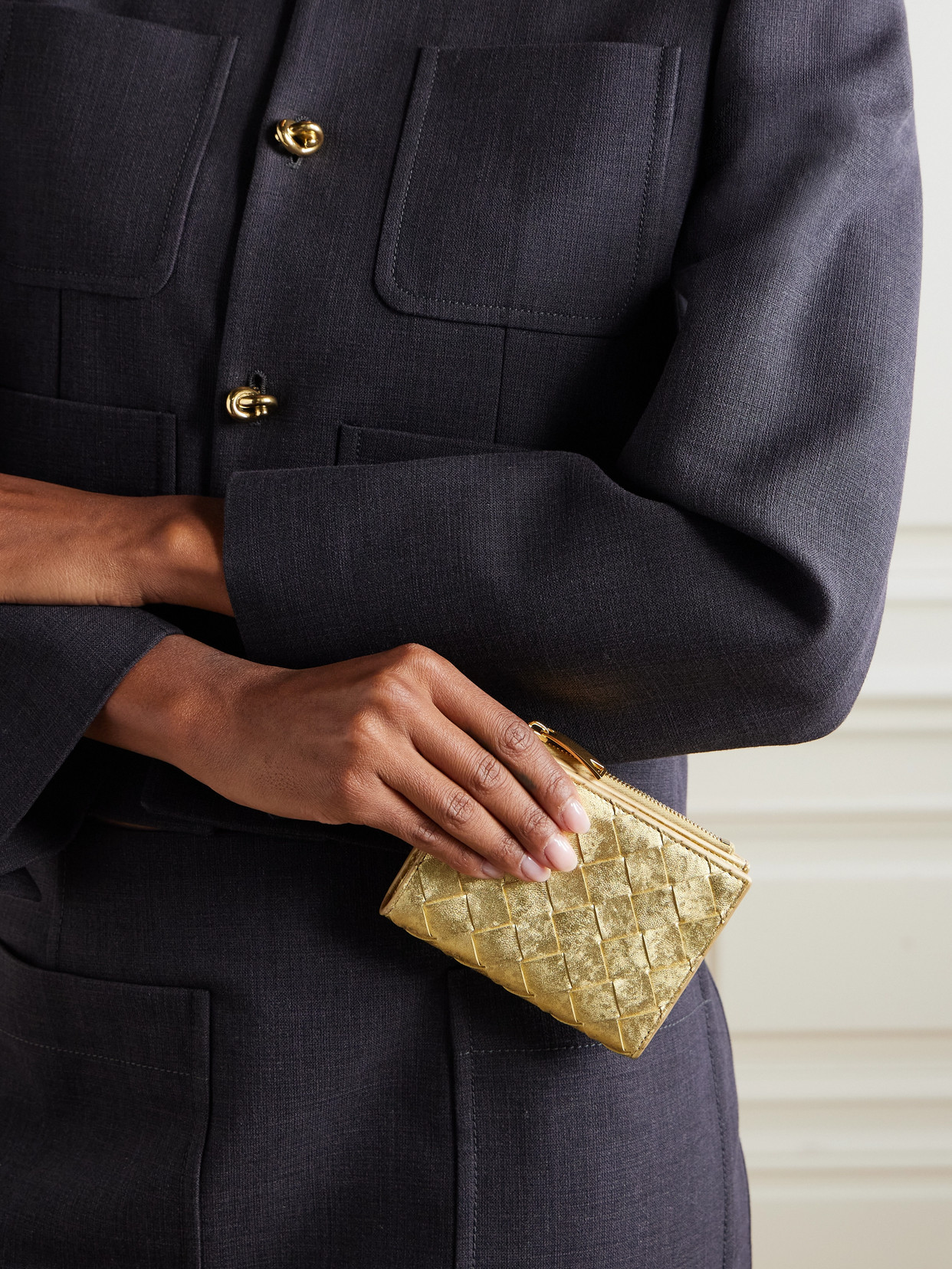 Bottega Veneta Metallic Intrecciato Leather Wallet In Brown