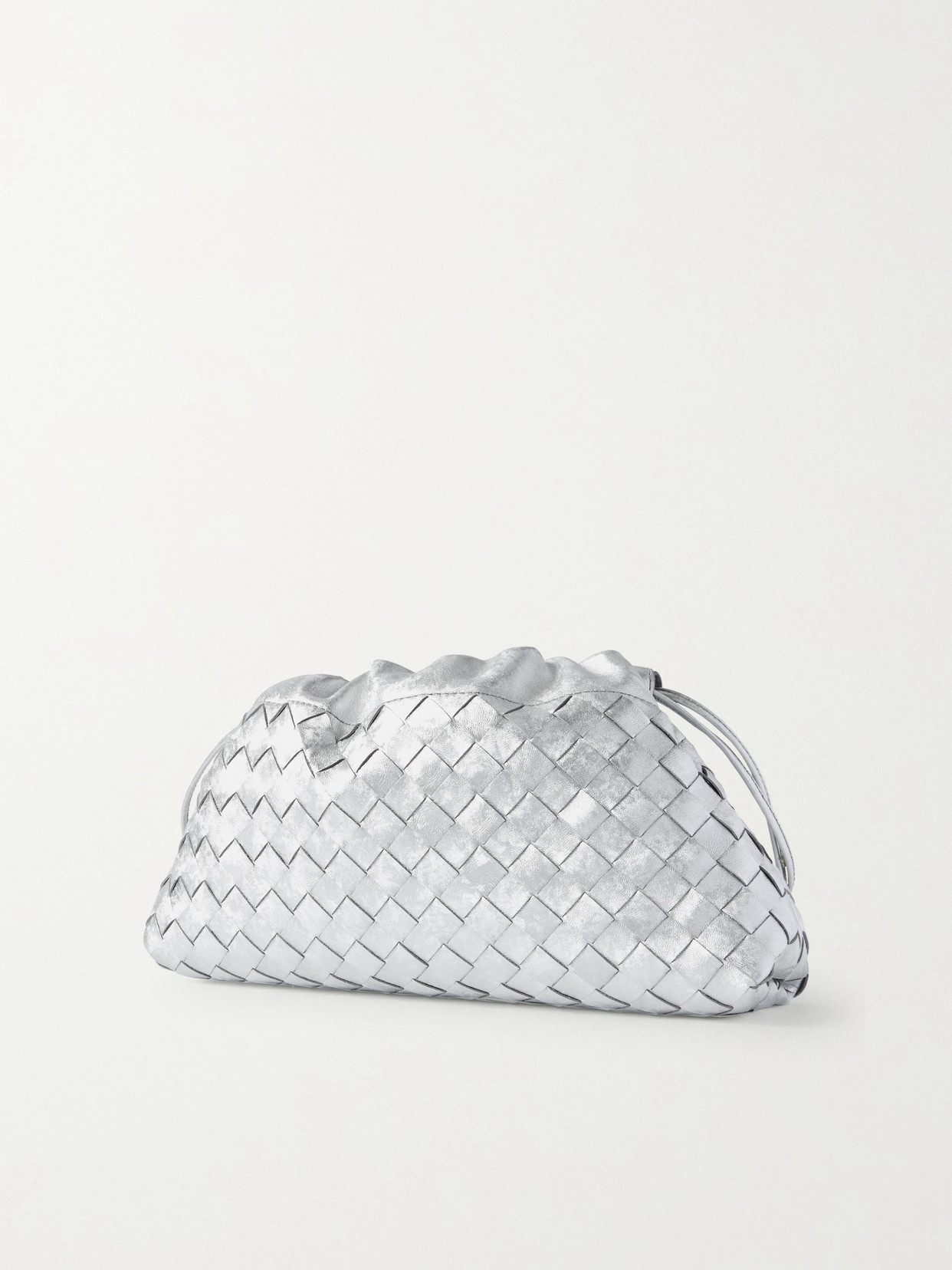 Bottega Veneta Intrecciato Metallic Leather Pouch In Silver