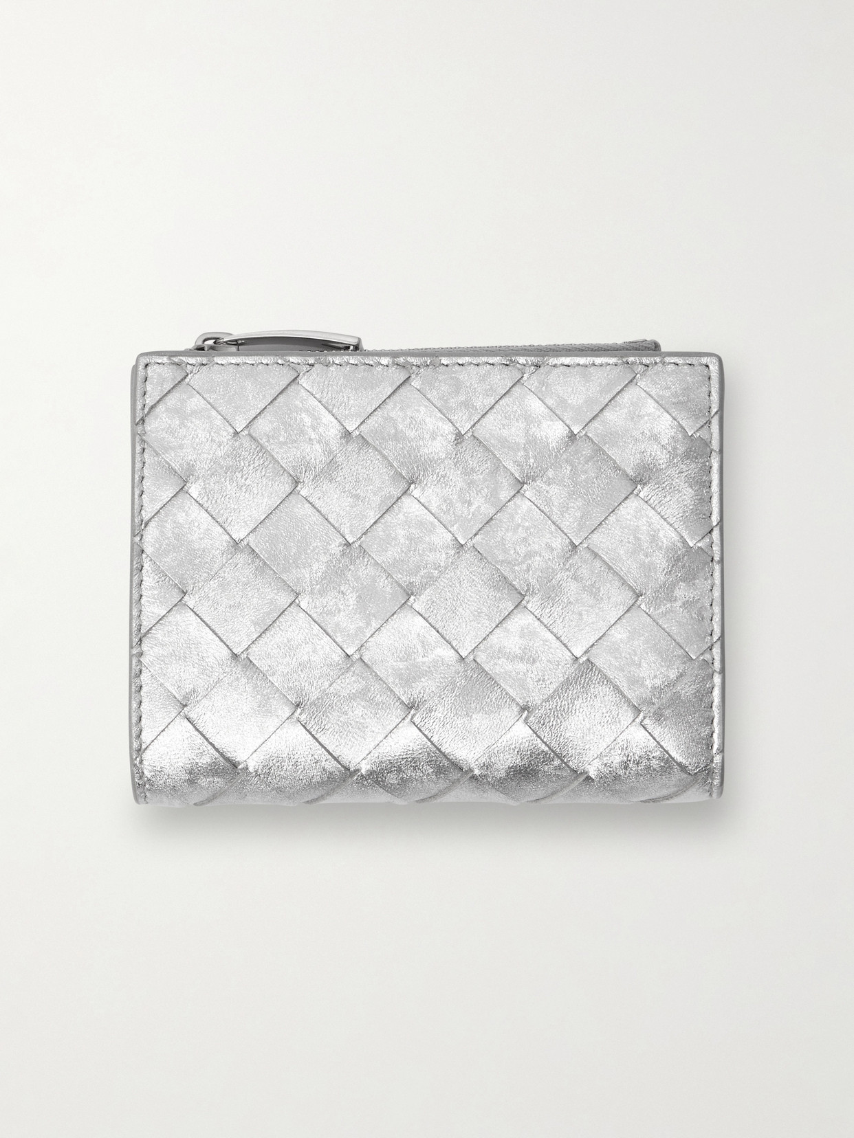 Bottega Veneta Metallic Intrecciato Leather Wallet In Silver
