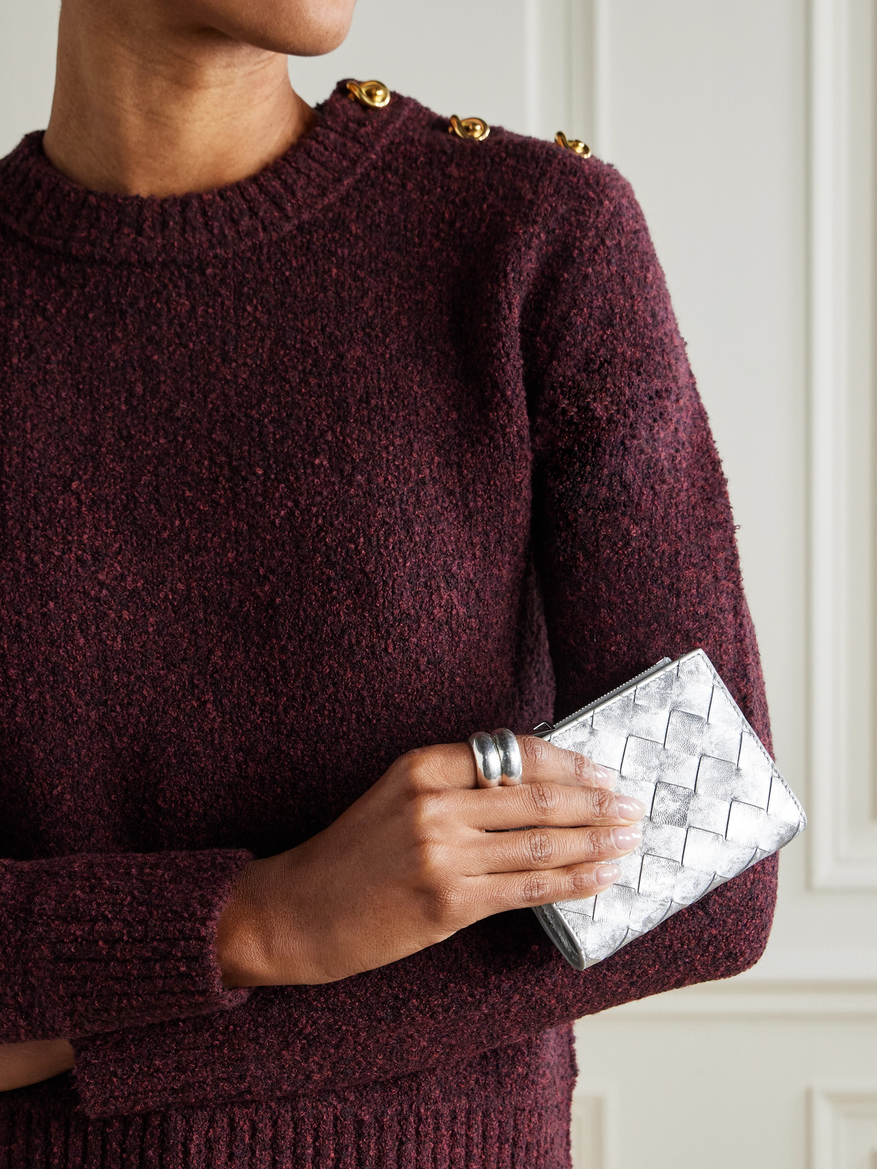 Bottega Veneta Metallic Intrecciato Leather Wallet In Burgundy