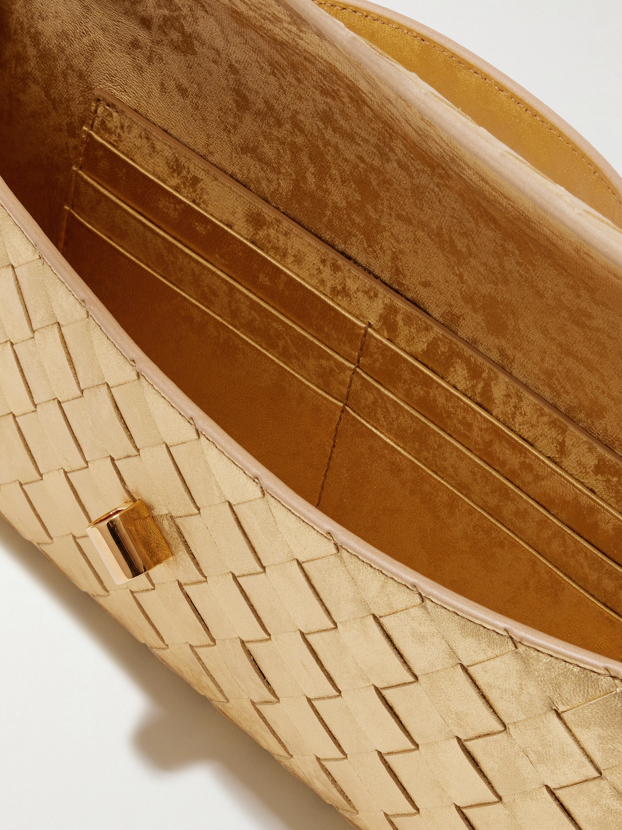 Bottega Veneta Long Andiamo Intrecciato Metallic Leather Clutch In Gold