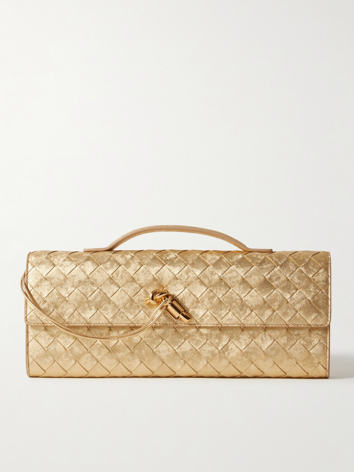 Bottega Veneta Long Andiamo Intrecciato Metallic Leather Clutch In Gold