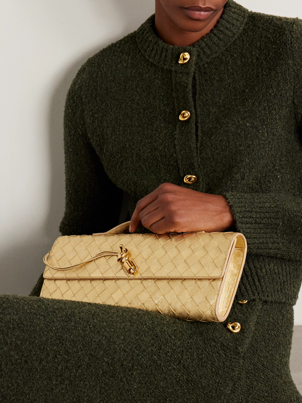 Bottega Veneta Long Andiamo Intrecciato Metallic Leather Clutch In Gold