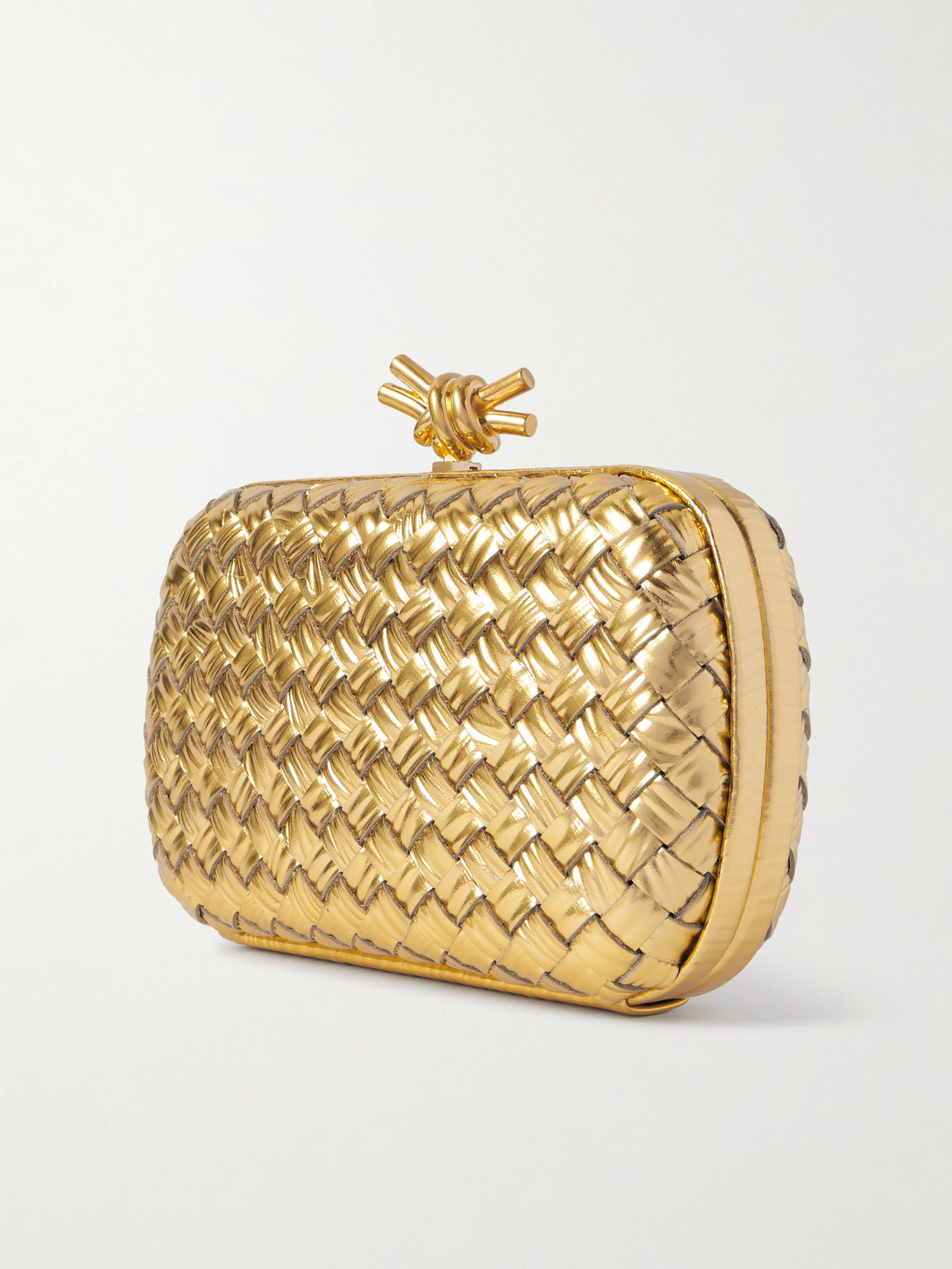 Bottega Veneta Knot Intrecciato Metallic Leather Clutch In Gold