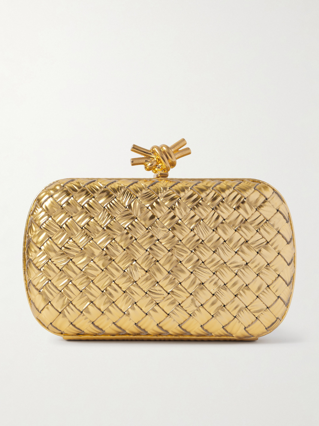 Bottega Veneta Knot Intrecciato Metallic Leather Clutch In Gold