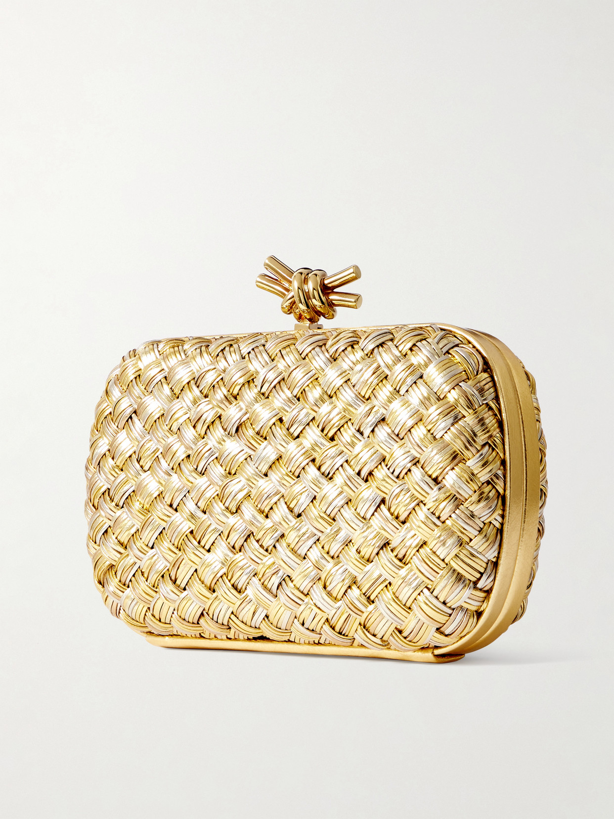 Bottega Veneta Knot Intrecciato Metallic Leather Clutch In Gold