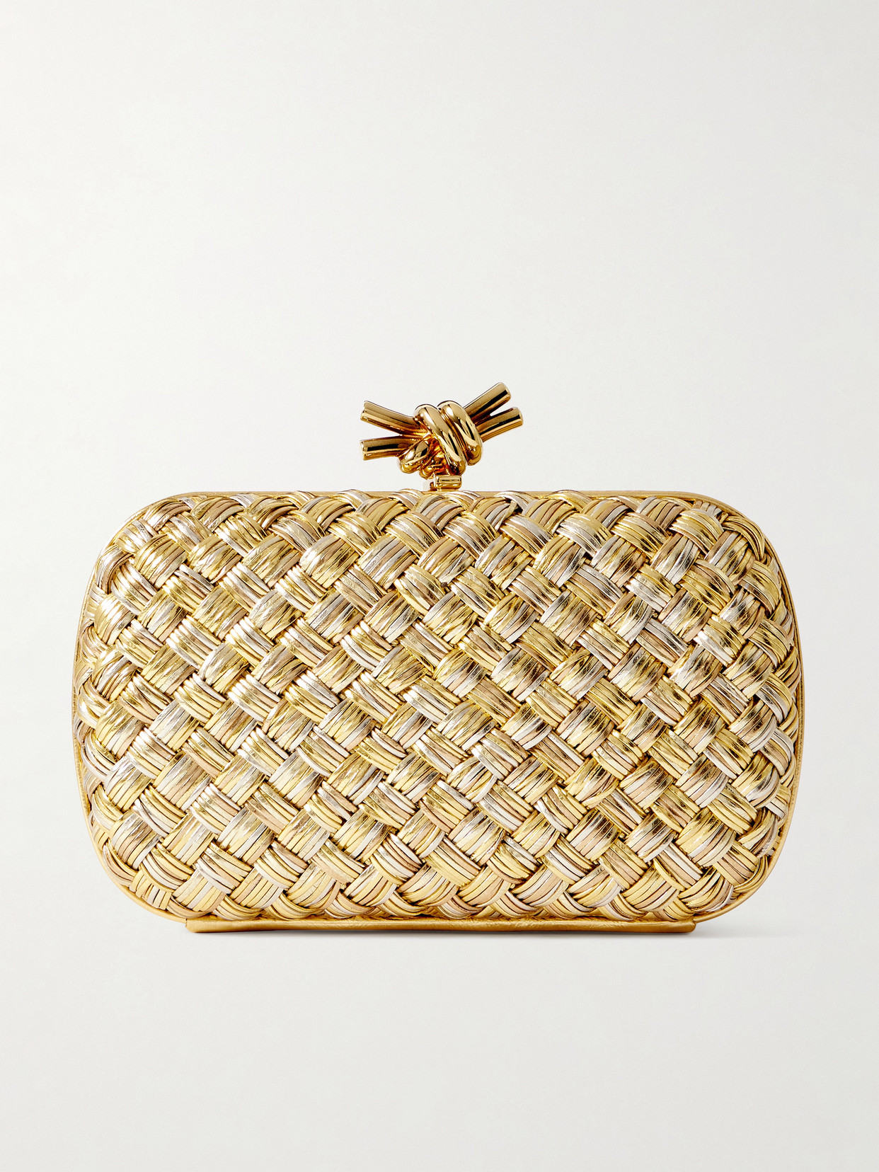 Bottega Veneta Knot Intrecciato Metallic Leather Clutch In Gold