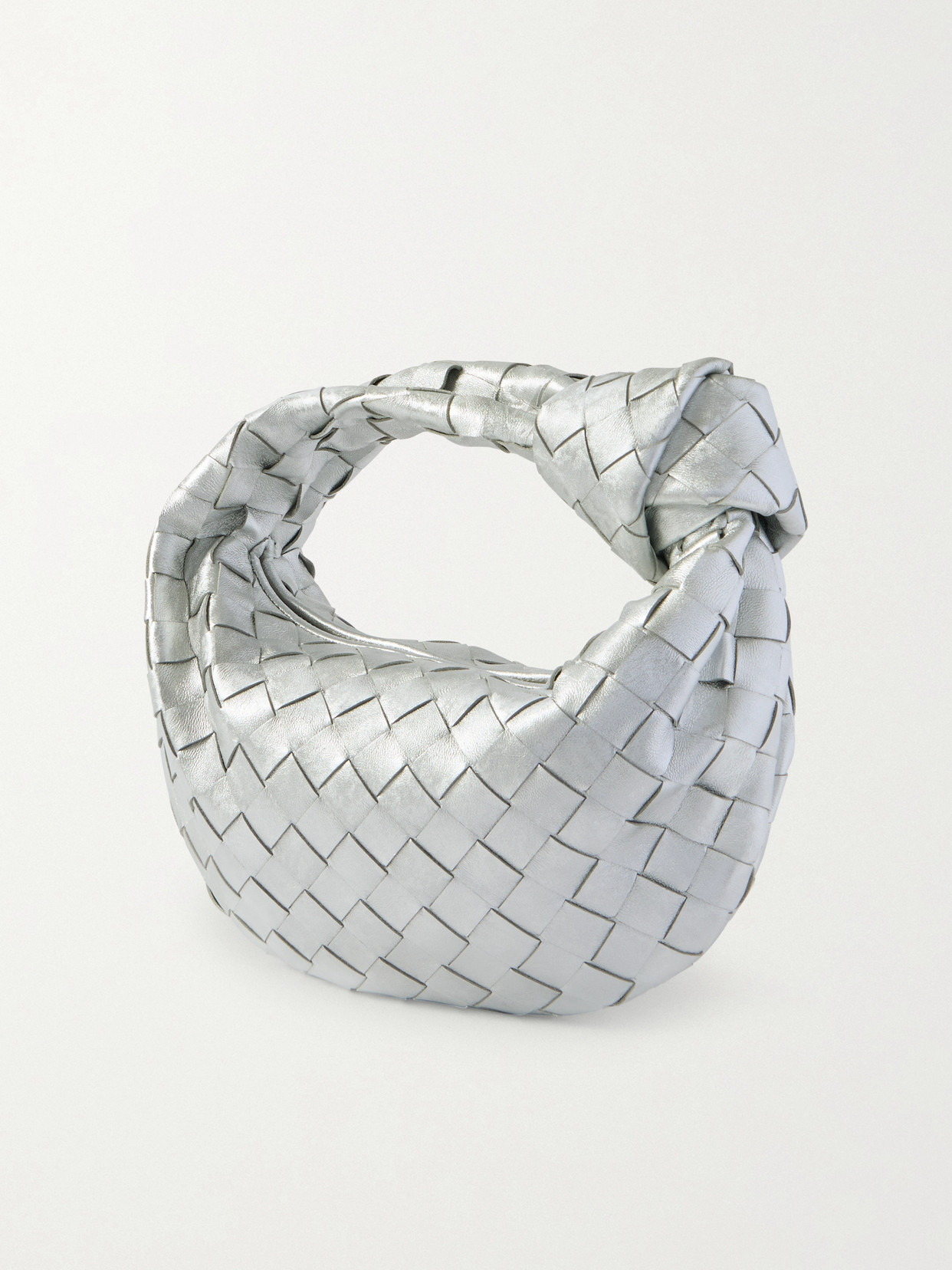 Bottega Veneta Jodie Mini Knotted Intrecciato Distressed Metallic Leather Tote In Silver