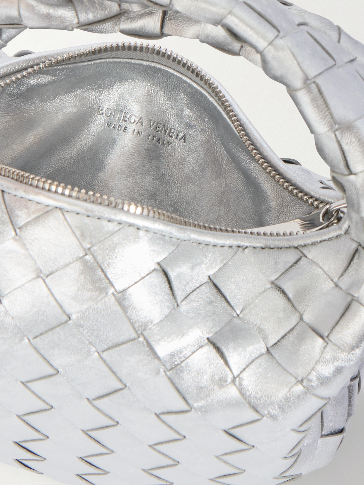 Bottega Veneta Jodie Mini Knotted Intrecciato Distressed Metallic Leather Tote In Silver