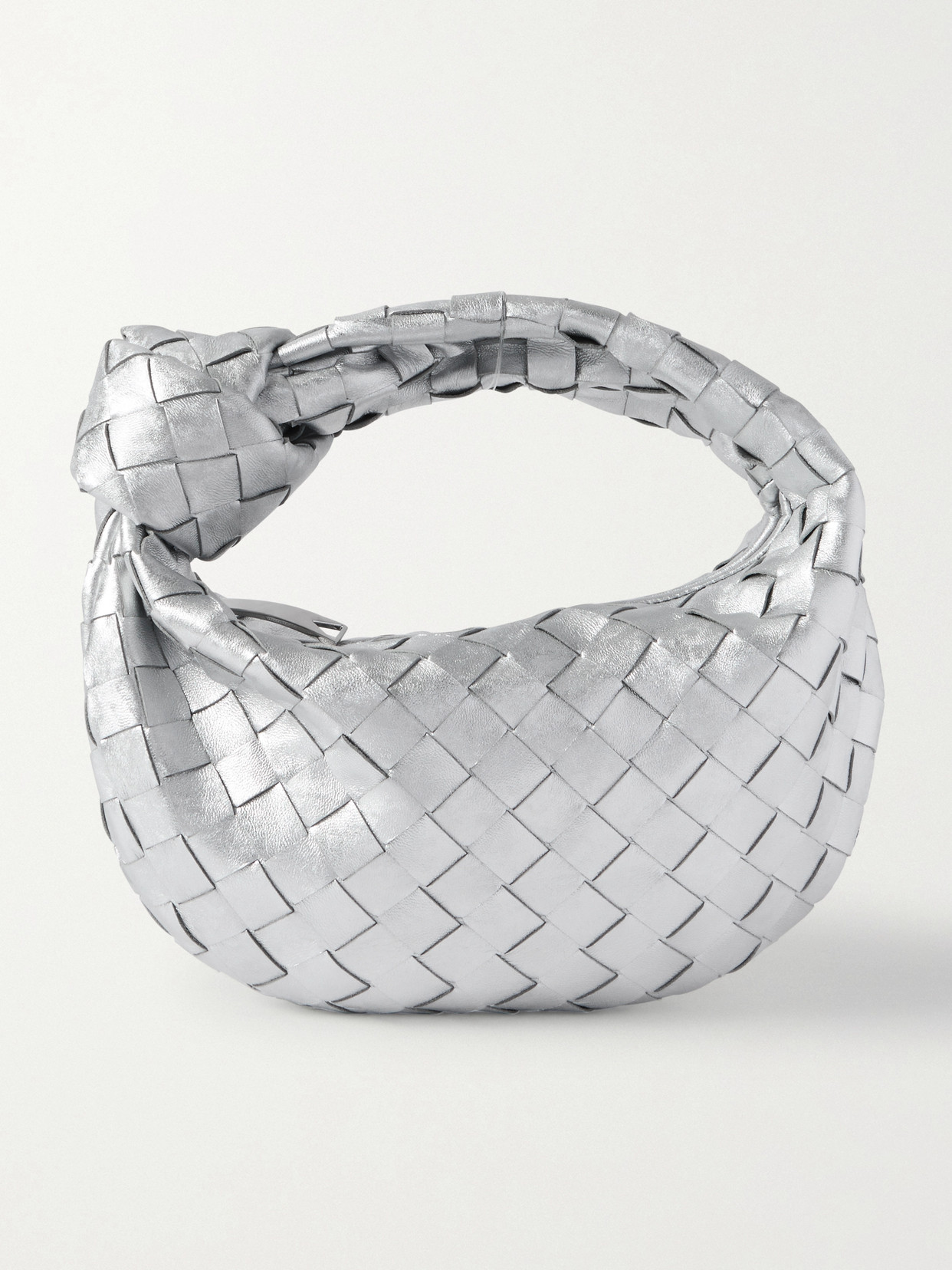 Bottega Veneta Jodie Mini Knotted Intrecciato Distressed Metallic Leather Tote In Silver