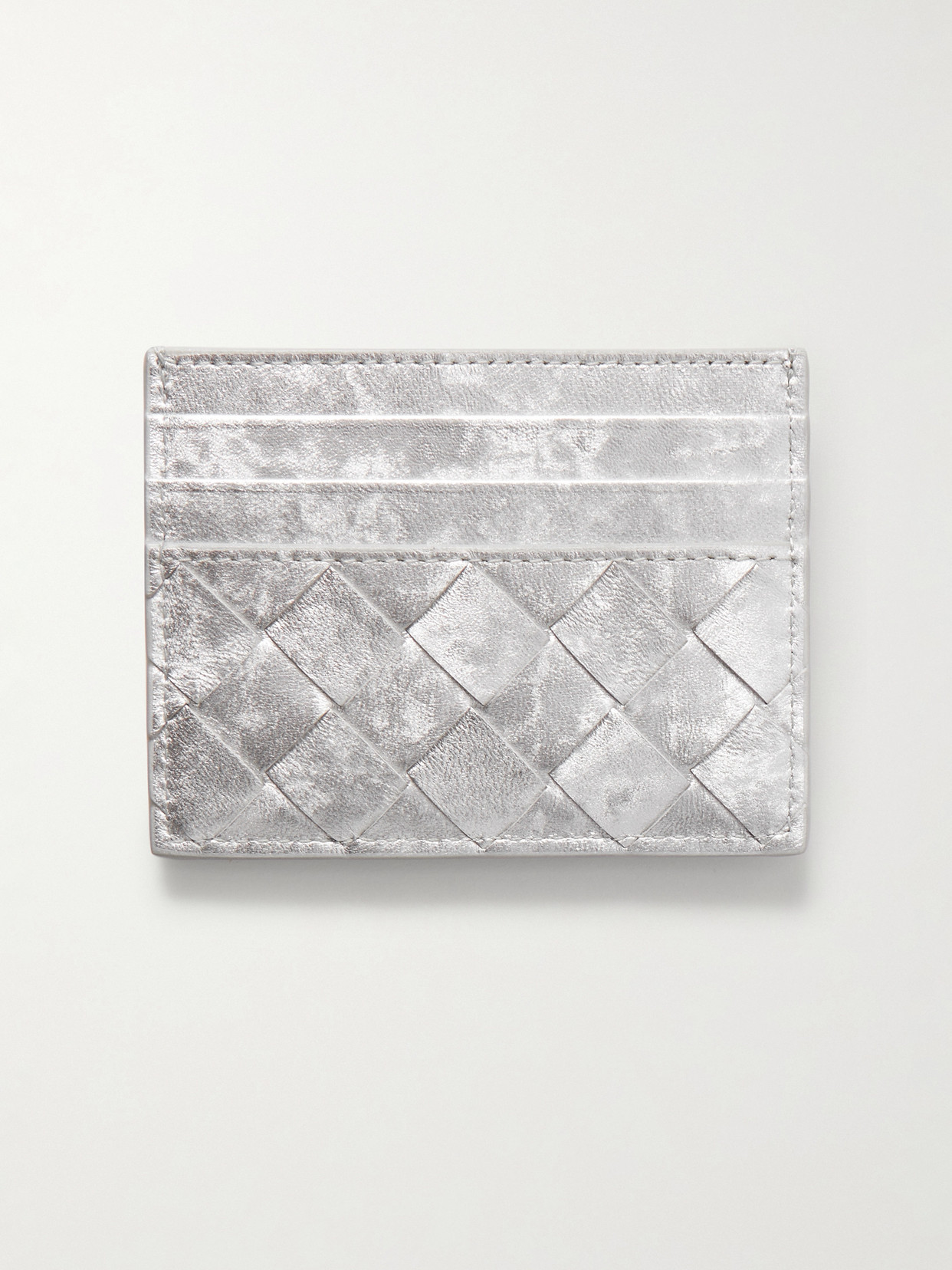 Bottega Veneta Intrecciato Distressed Metallic Leather Cardholder In Silver