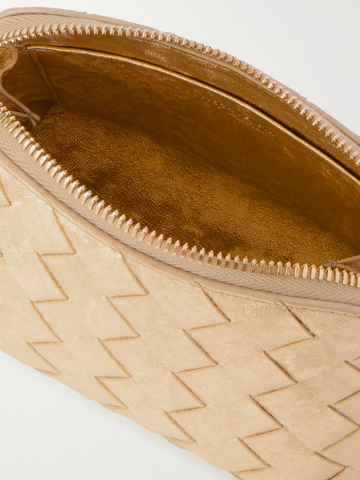 Bottega Veneta Intrecciato Distressed Metallic Leather Pouch In Gold