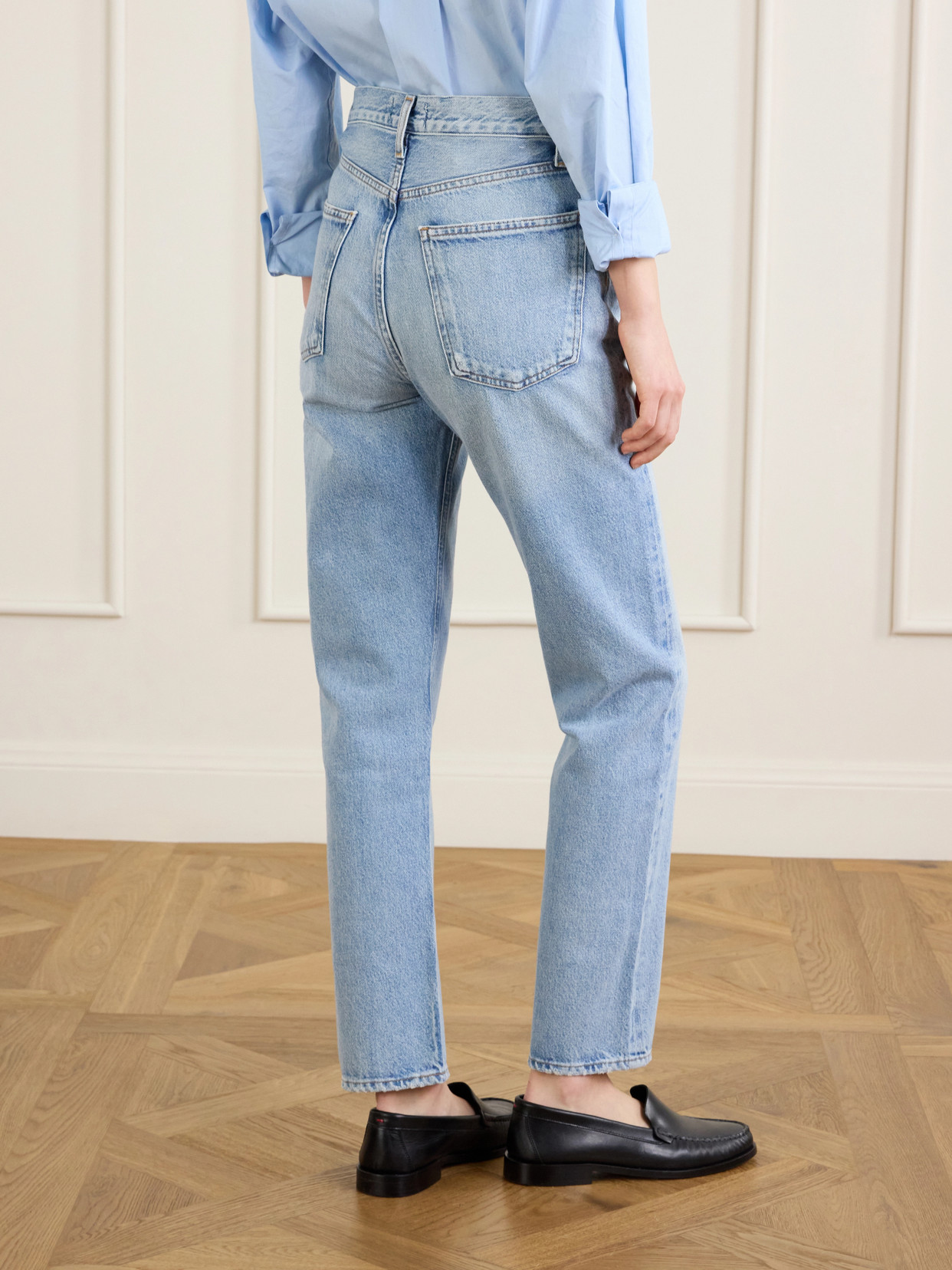 Agolde 90's Pinch Waist Long Frayed High-rise Straight-leg Jeans In Blue