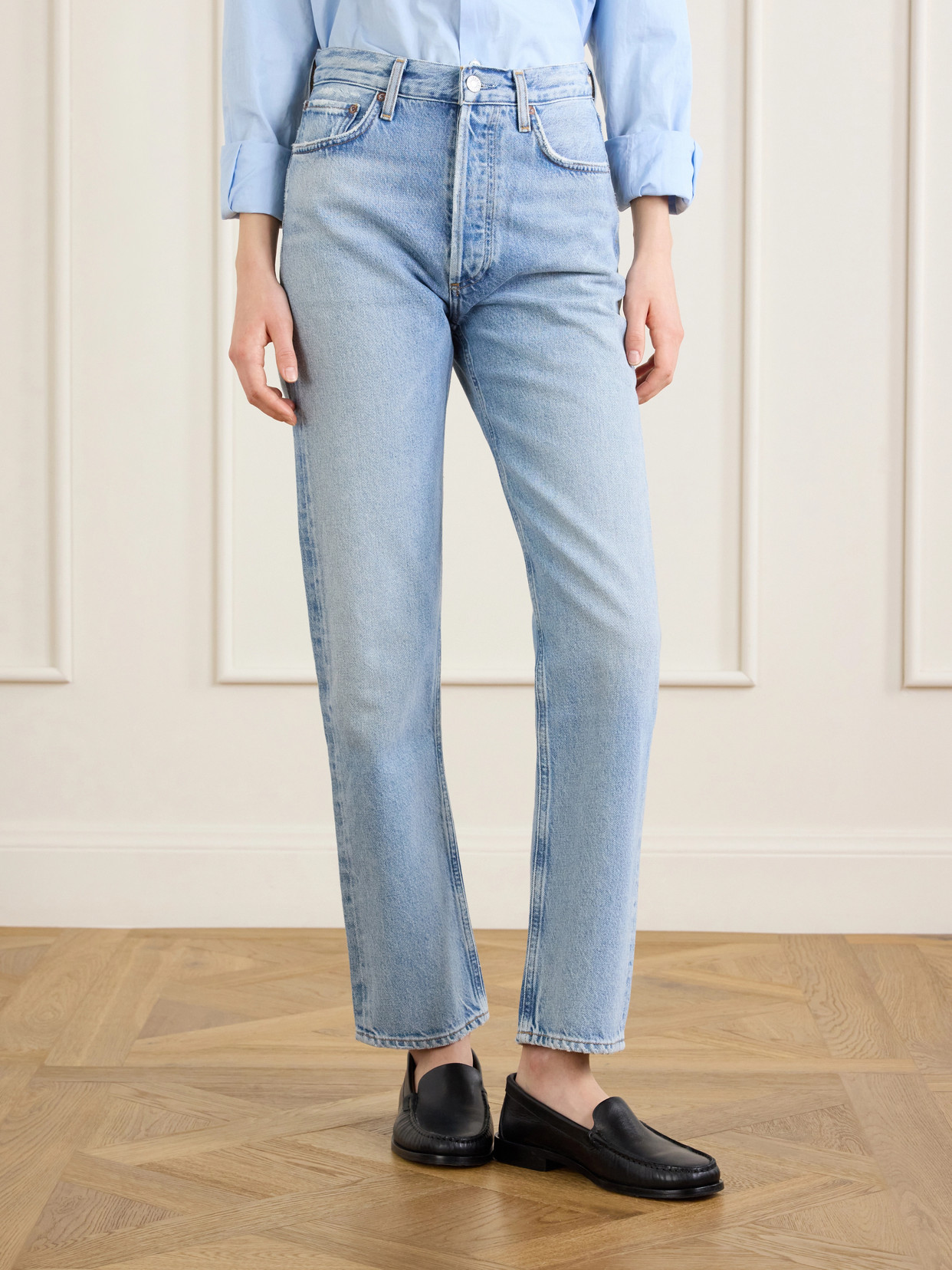 Agolde 90's Pinch Waist Long Frayed High-rise Straight-leg Jeans In Blue