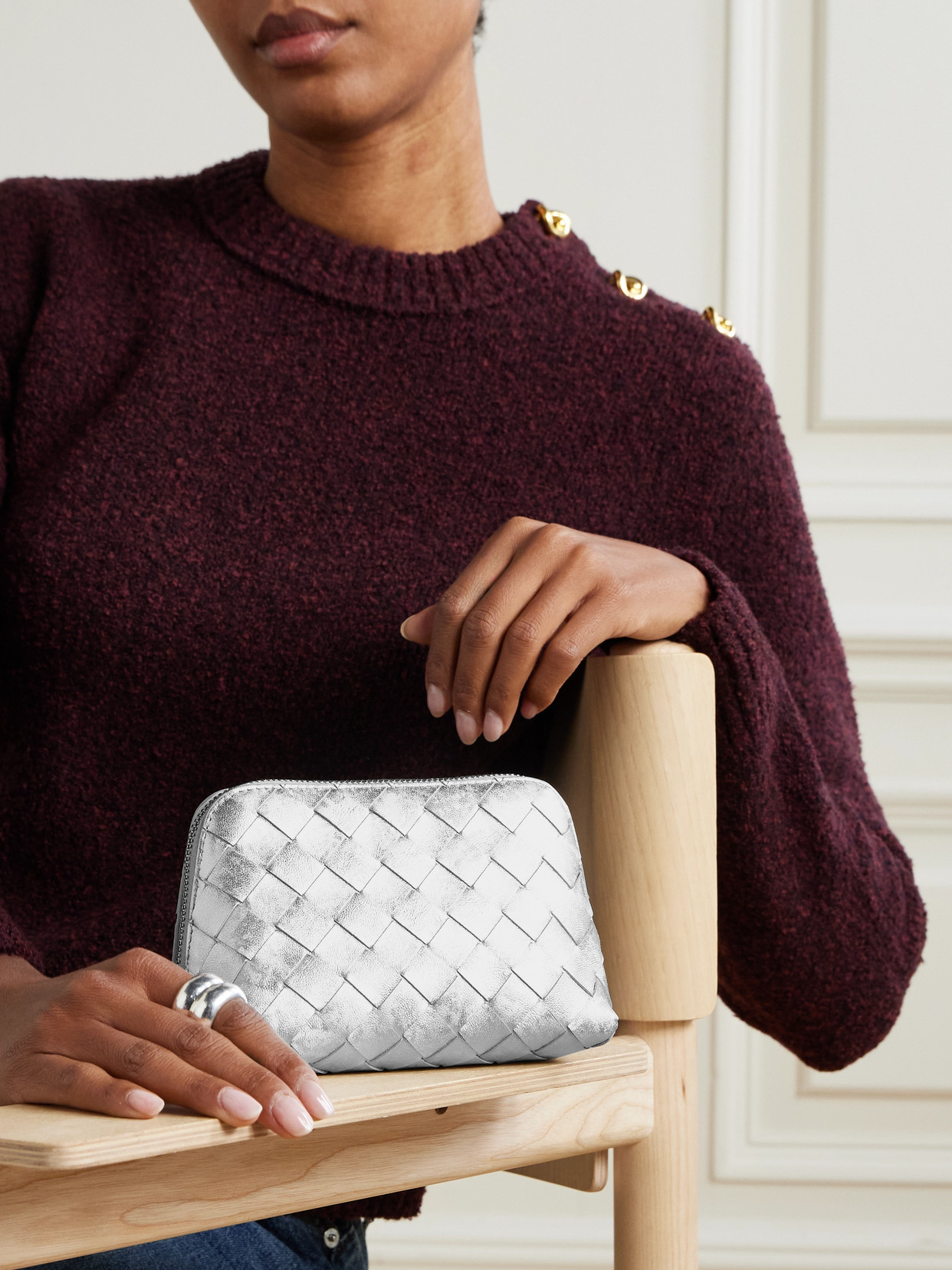 Bottega Veneta Intrecciato Leather Pouch In Silver