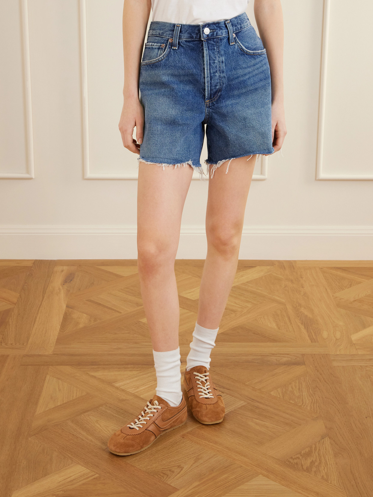 Agolde Belted Stitched Distressed Five-pocket Frayed Trousers In Blue