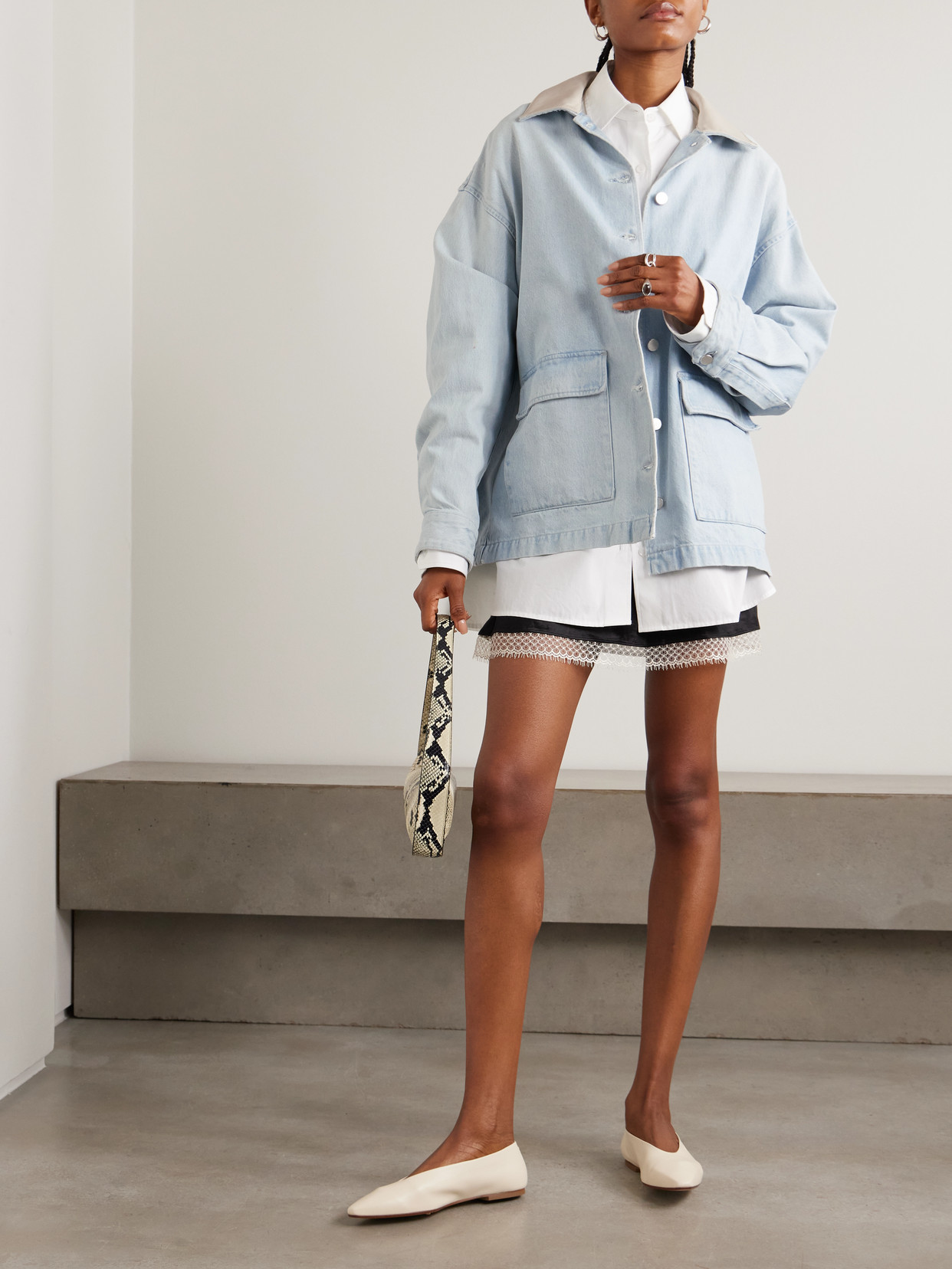 + Maria Mcmanus Oversized Leather-Trimmed Denim Jacket