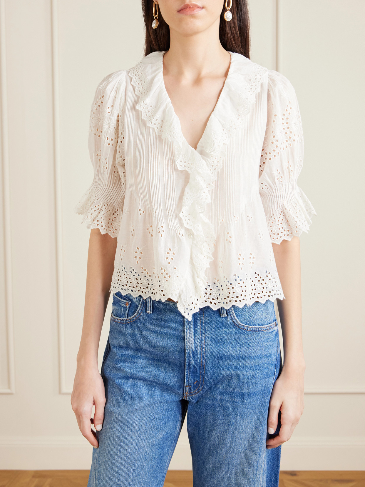 Doen Henri Ruffled Pintucked Broderie Anglaise Cotton Top In White