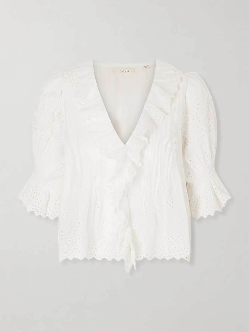 DÔEN Henri Ruffled Pintucked Broderie Anglaise Cotton Top