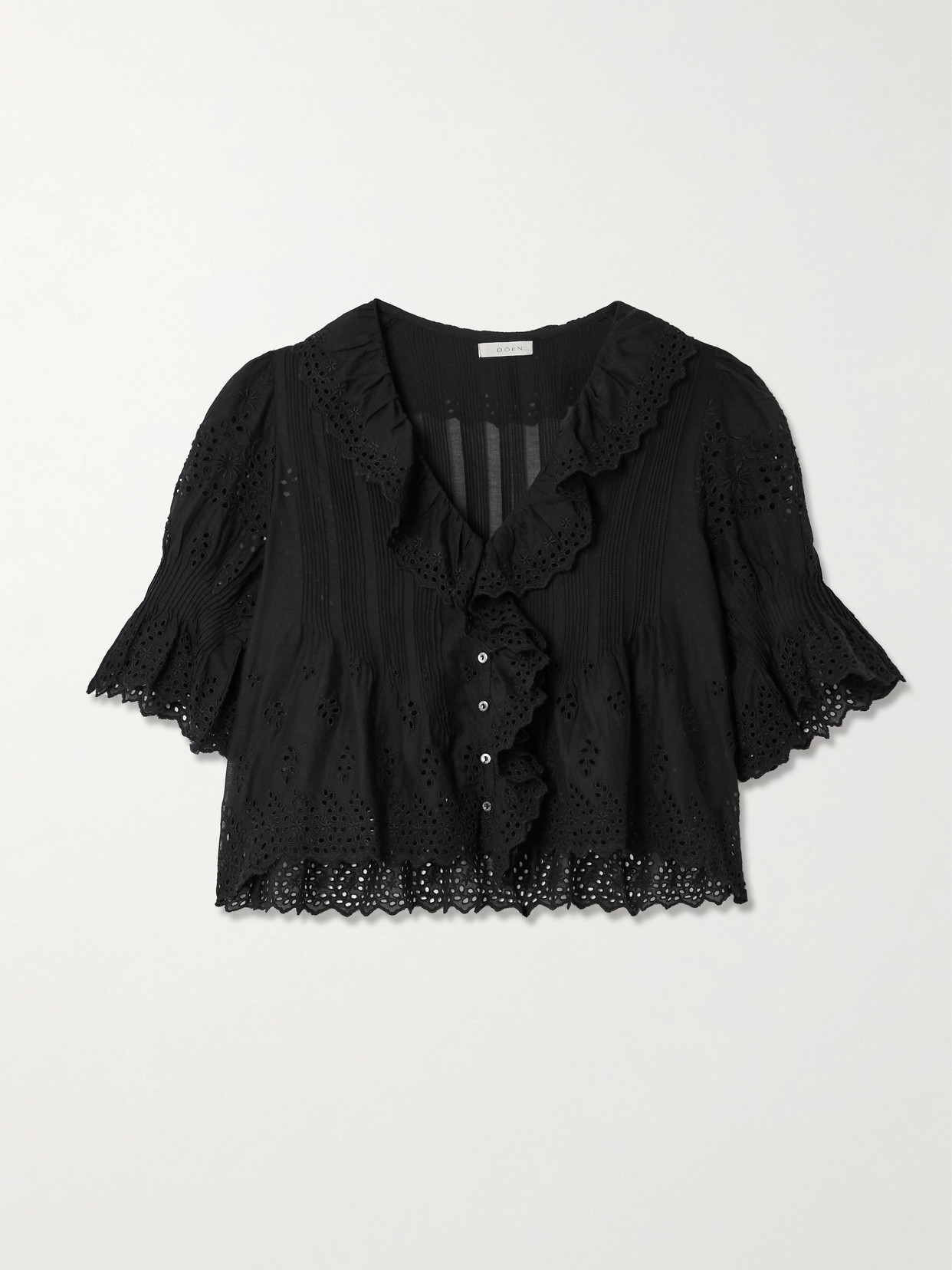Doen Henri Cropped Ruffled Pintucked Broderie Anglaise Cotton Top In Black