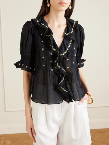 Dôen Hettie lace-trimmed embroidered organic cotton-voile blouse