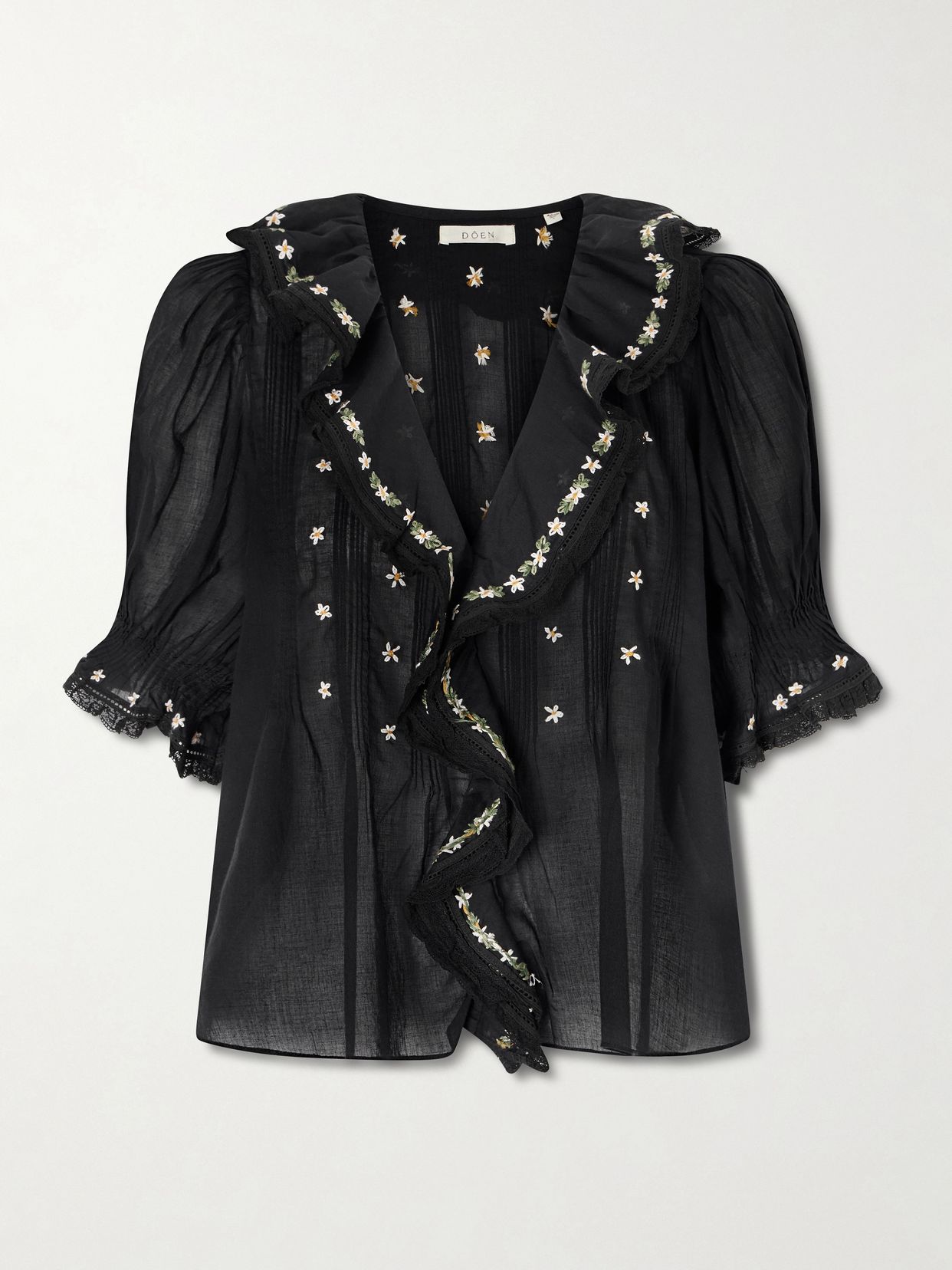 Hettie Lace Trimmed Embroidered Organic Cotton Voile Blouse