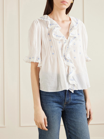 Dôen Hettie lace-trimmed embroidered organic cotton-voile blouse