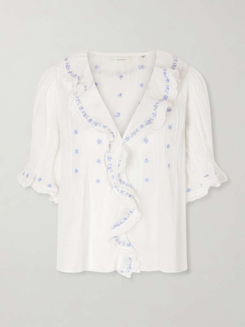 DÔEN Hettie Lace-trimmed Embroidered Organic Cotton-voile Blouse