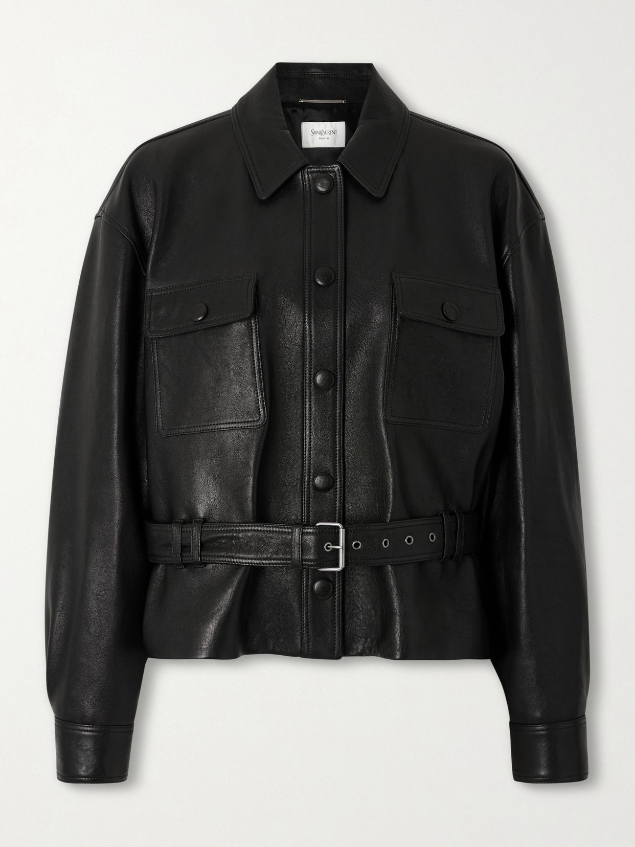 Belted leather jacket