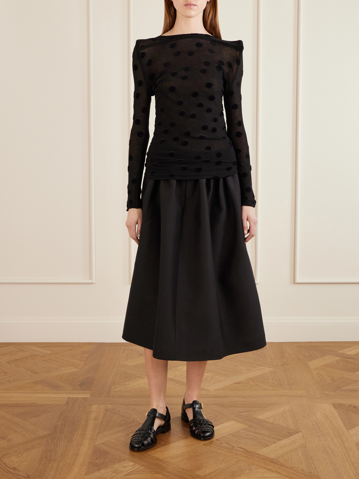 Polka-Dot Flocked Cotton-Jersey Blouse
