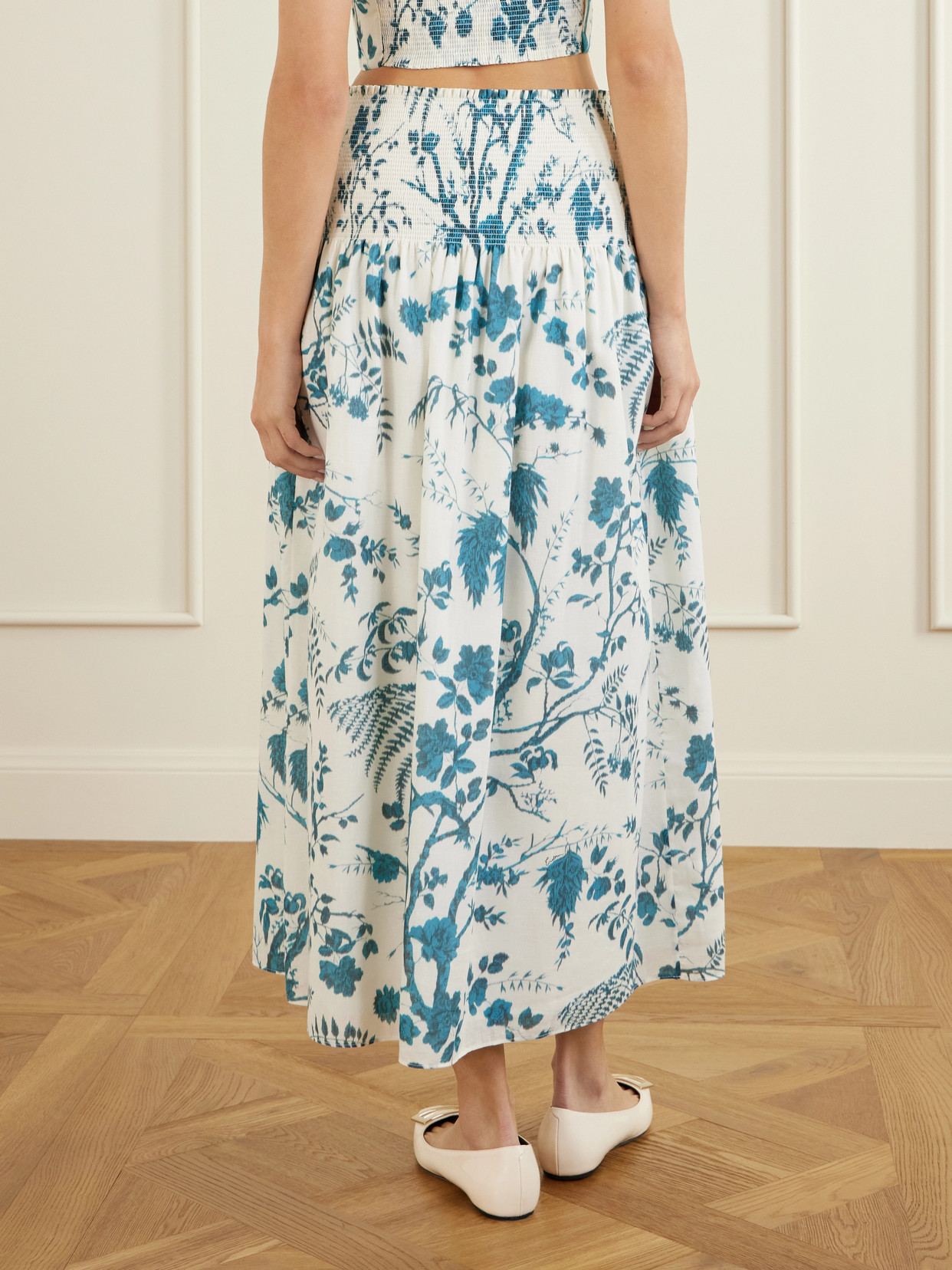 Shirred Floral-Print Cotton And Linen-Blend Midi