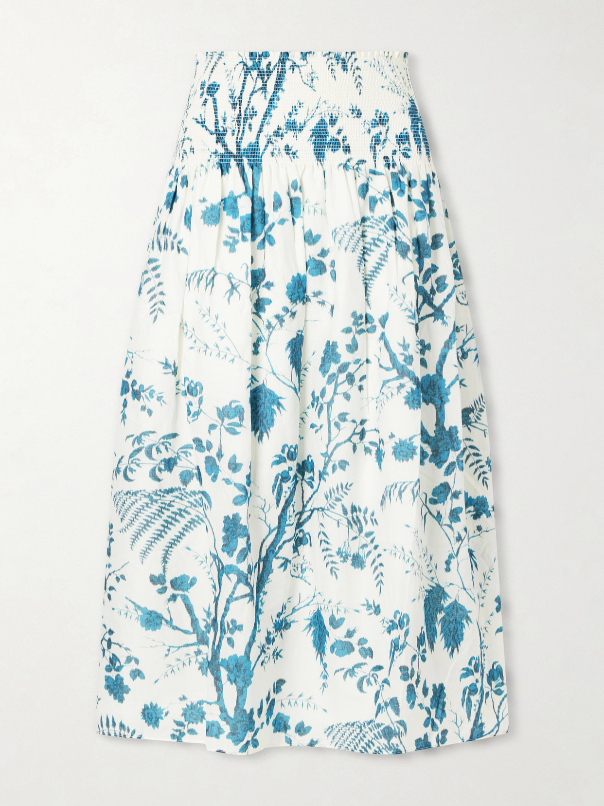 Shirred Floral-Print Cotton And Linen-Blend Midi