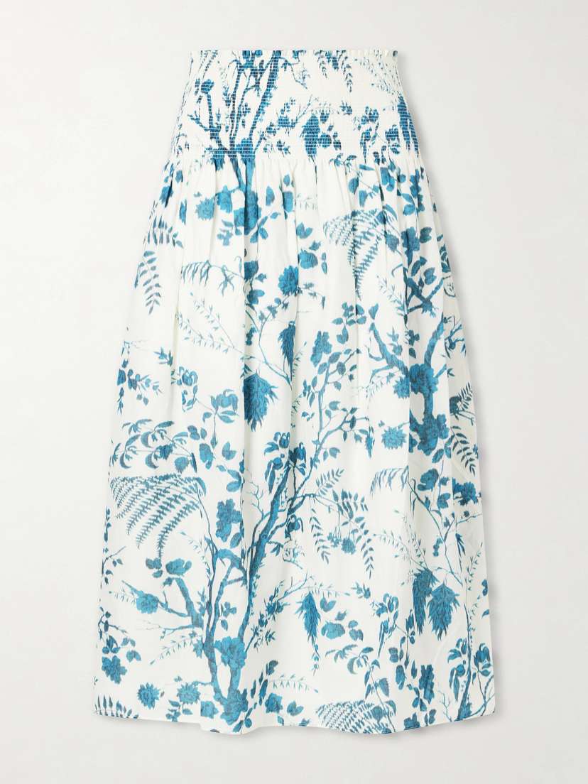 Erdem Shirred Floral-print Cotton And Linen-blend Midi Skirt