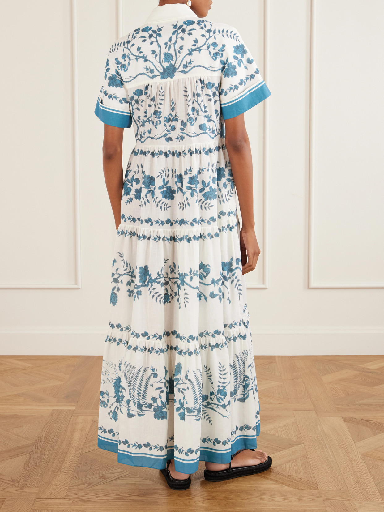 Erdem Womens Wild Fern Bot Dream Blue Botanical-print Tiered Cotton And Linen-blend Midi Shirt Dress In White