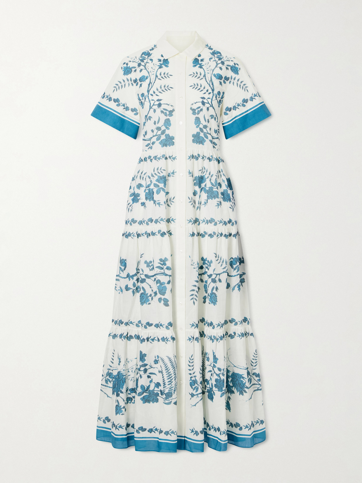 Erdem Womens Wild Fern Bot Dream Blue Botanical-print Tiered Cotton And Linen-blend Midi Shirt Dress In White