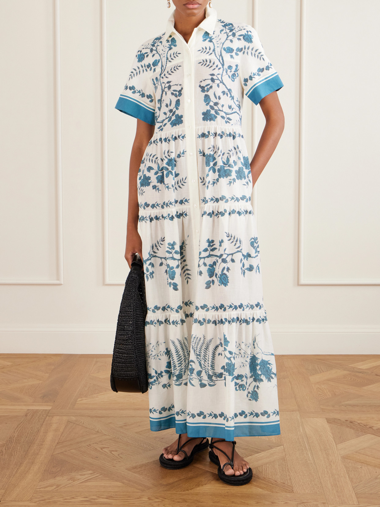 Erdem Womens Wild Fern Bot Dream Blue Botanical-print Tiered Cotton And Linen-blend Midi Shirt Dress In White