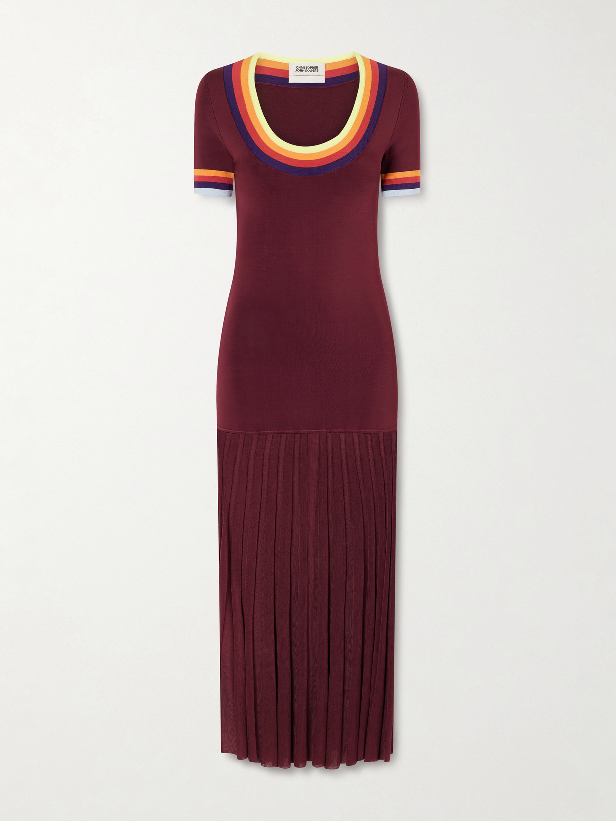 Christopher John Rogers Saucer Pleated Striped Jersey Midi Dress In Brown