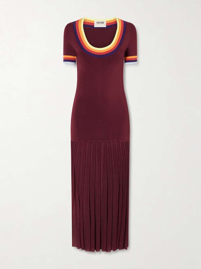 Christopher John Rogers Saucer Pleated Striped Jersey Midi Dress