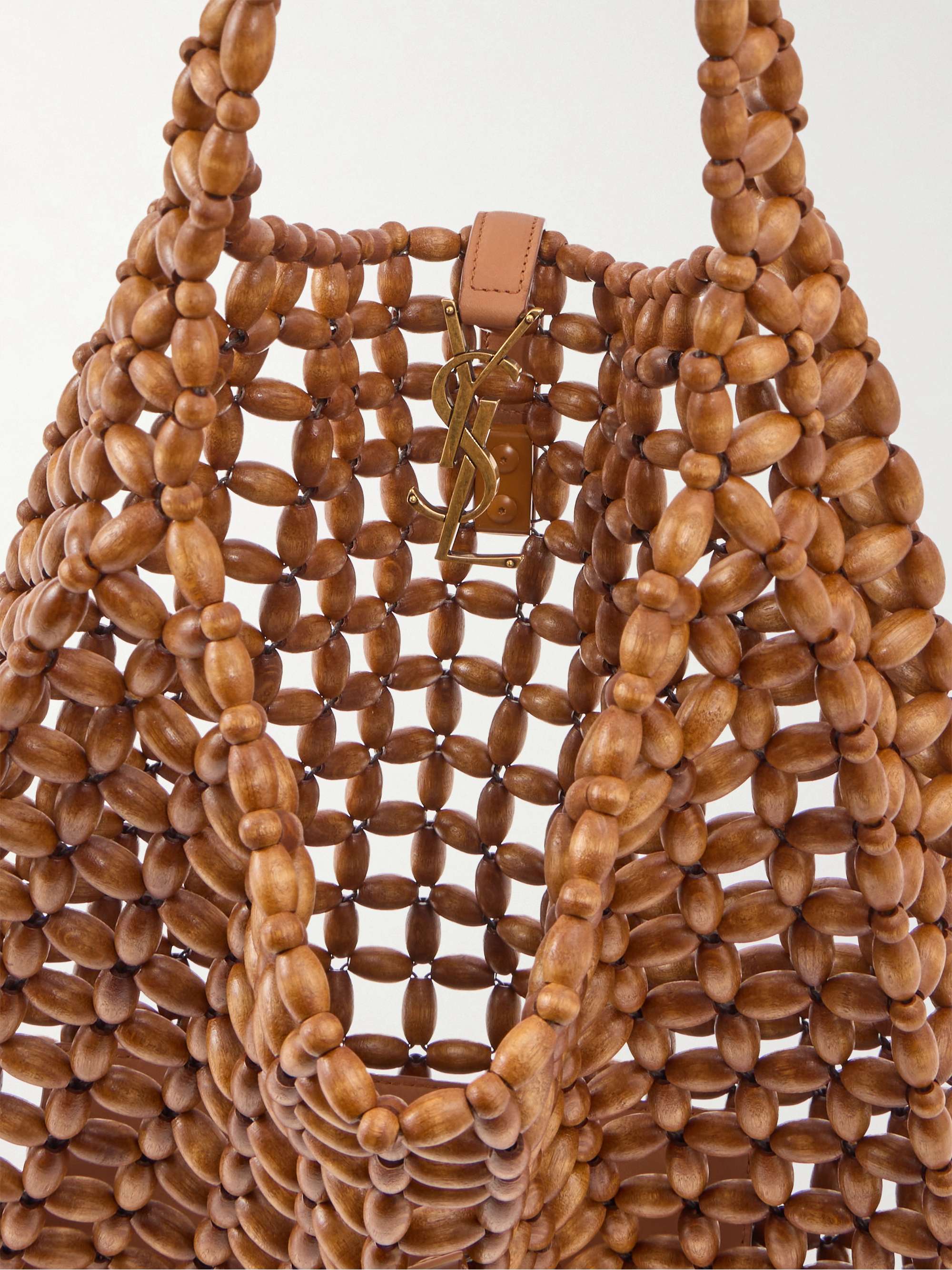 SAINT LAURENT Le 5 À 7 large leather-trimmed beaded wood shoulder