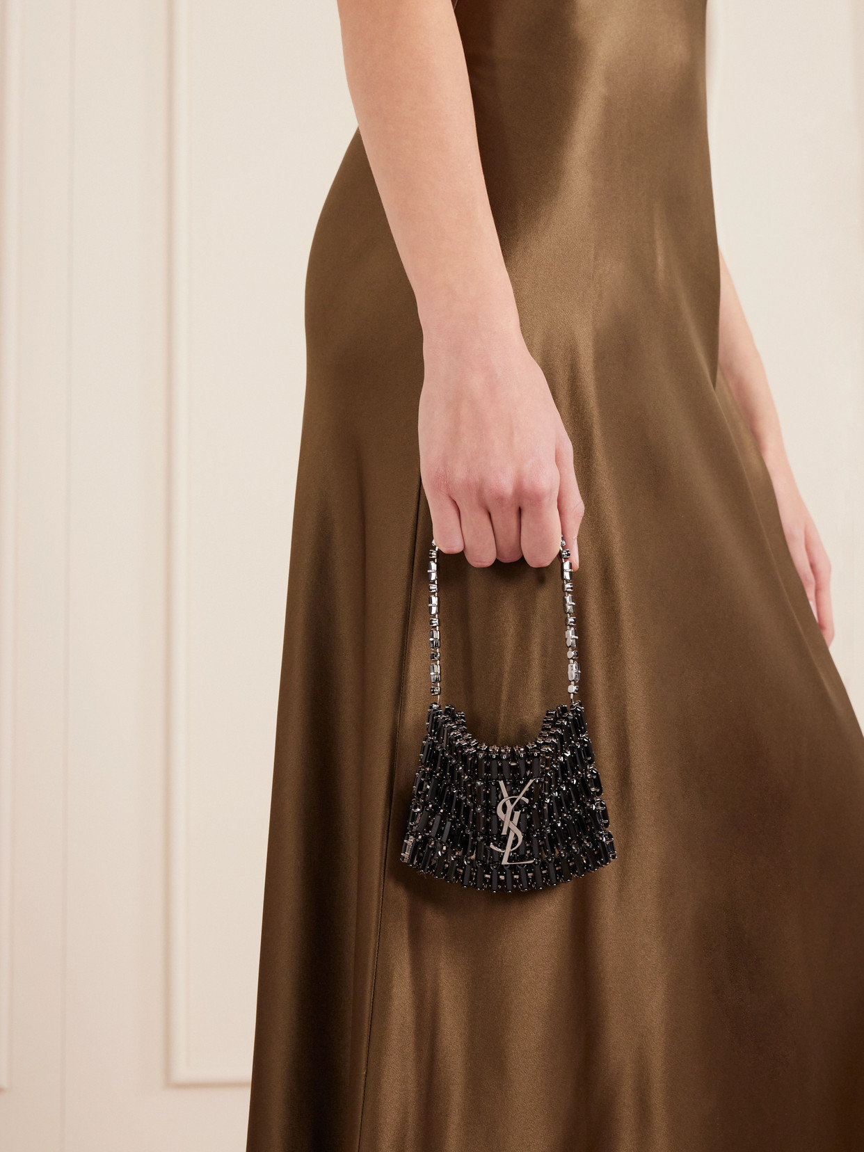 Saint Laurent Silver-tone Crystal Shoulder Bag In Black