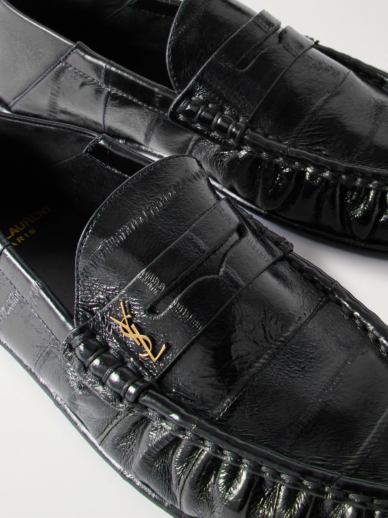 Saint Laurent Le Loafer Embellished Collapsible-heel Glossed-eel Loafers In Black