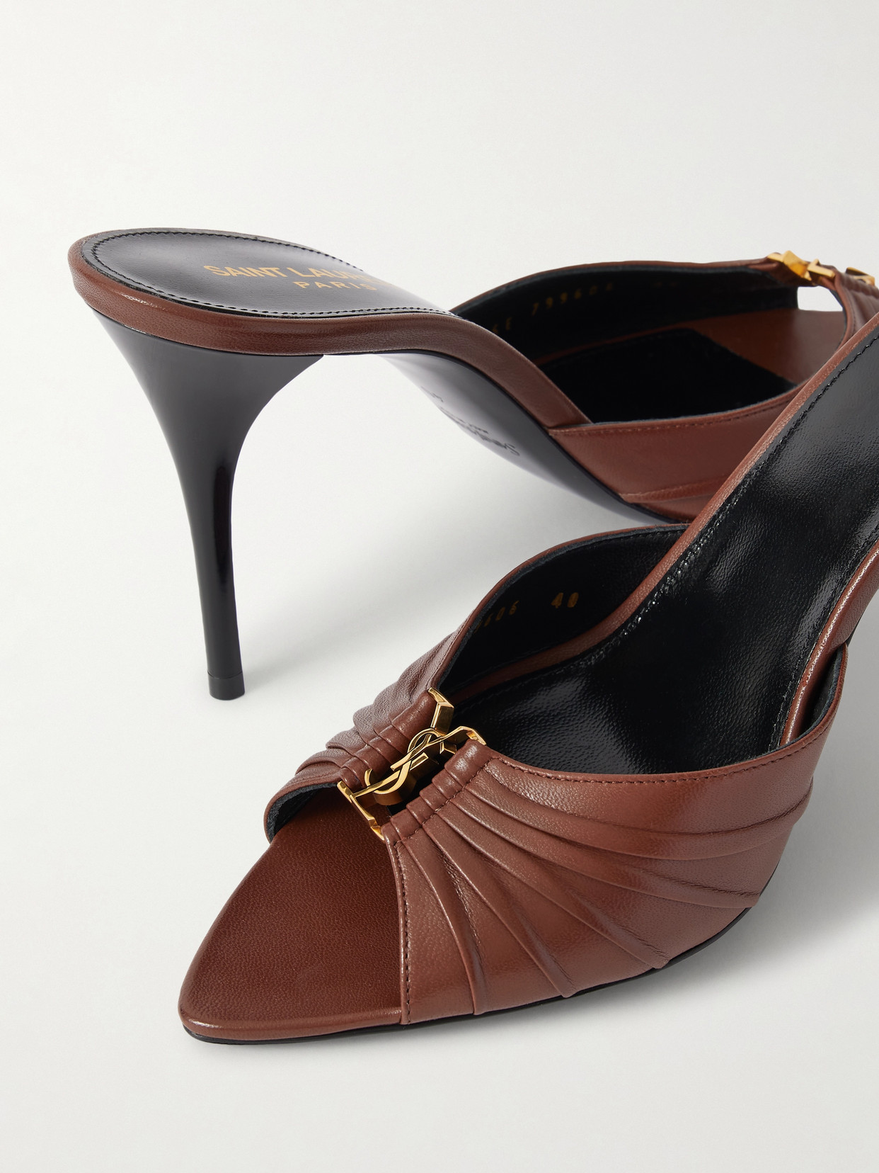 Saint Laurent Babylone Embellished Gathered Leather Mules In Brown