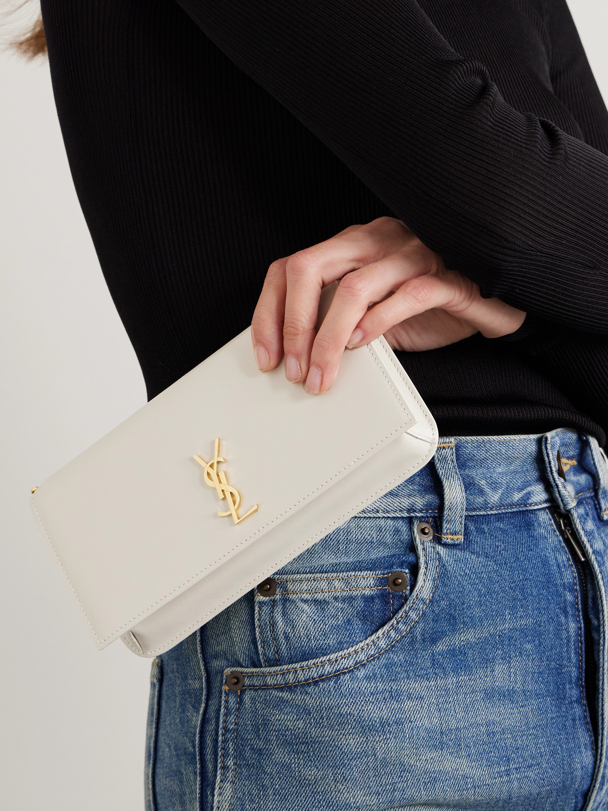 Saint Laurent Cassandre Strap Leather Phone Case In White