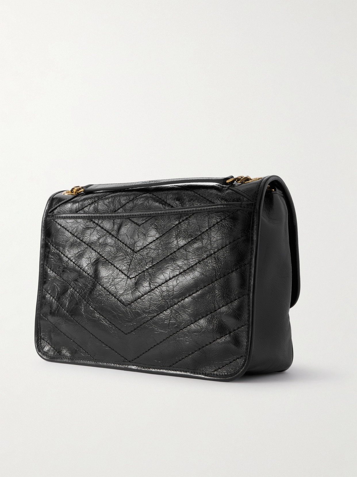 Saint Laurent Niki Medium Crinkled Glossed-leather Shoulder Bag In Black