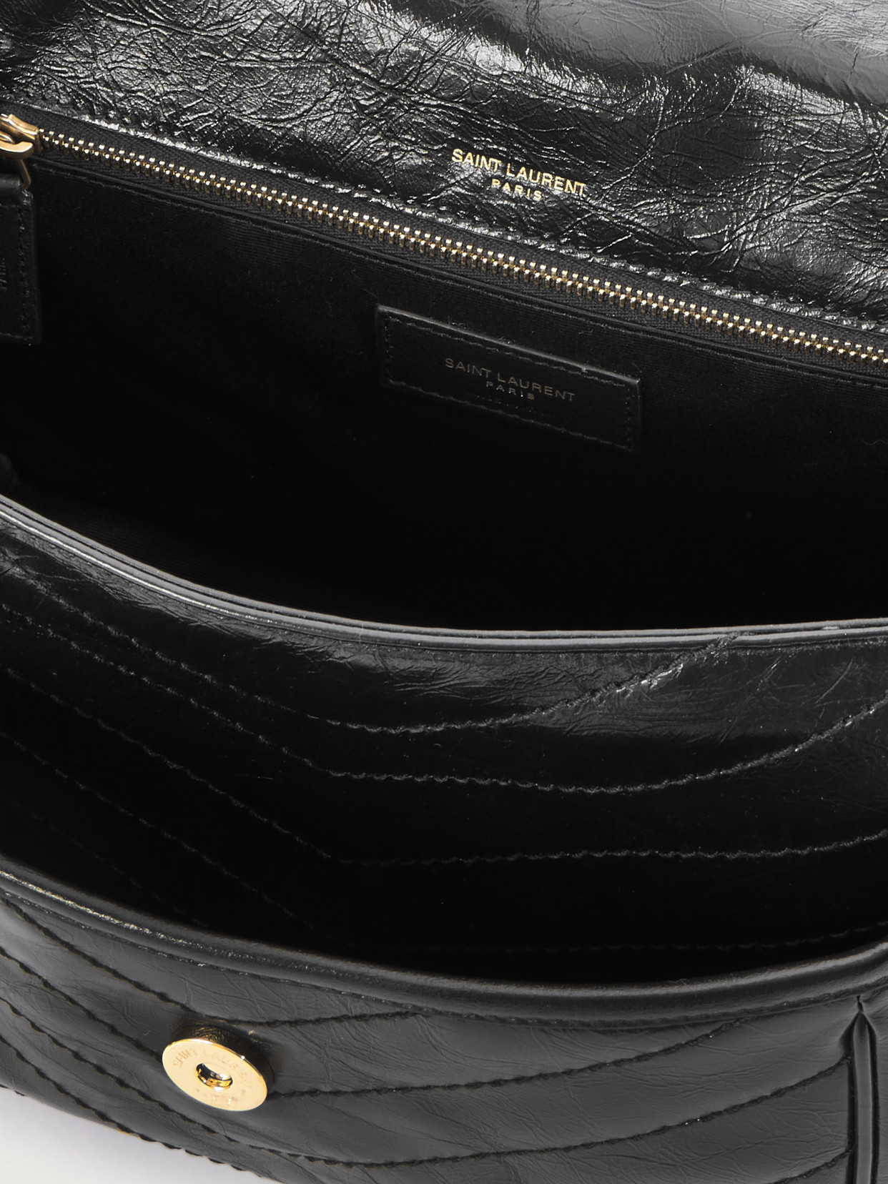 Saint Laurent Niki Medium Crinkled Glossed-leather Shoulder Bag In Black