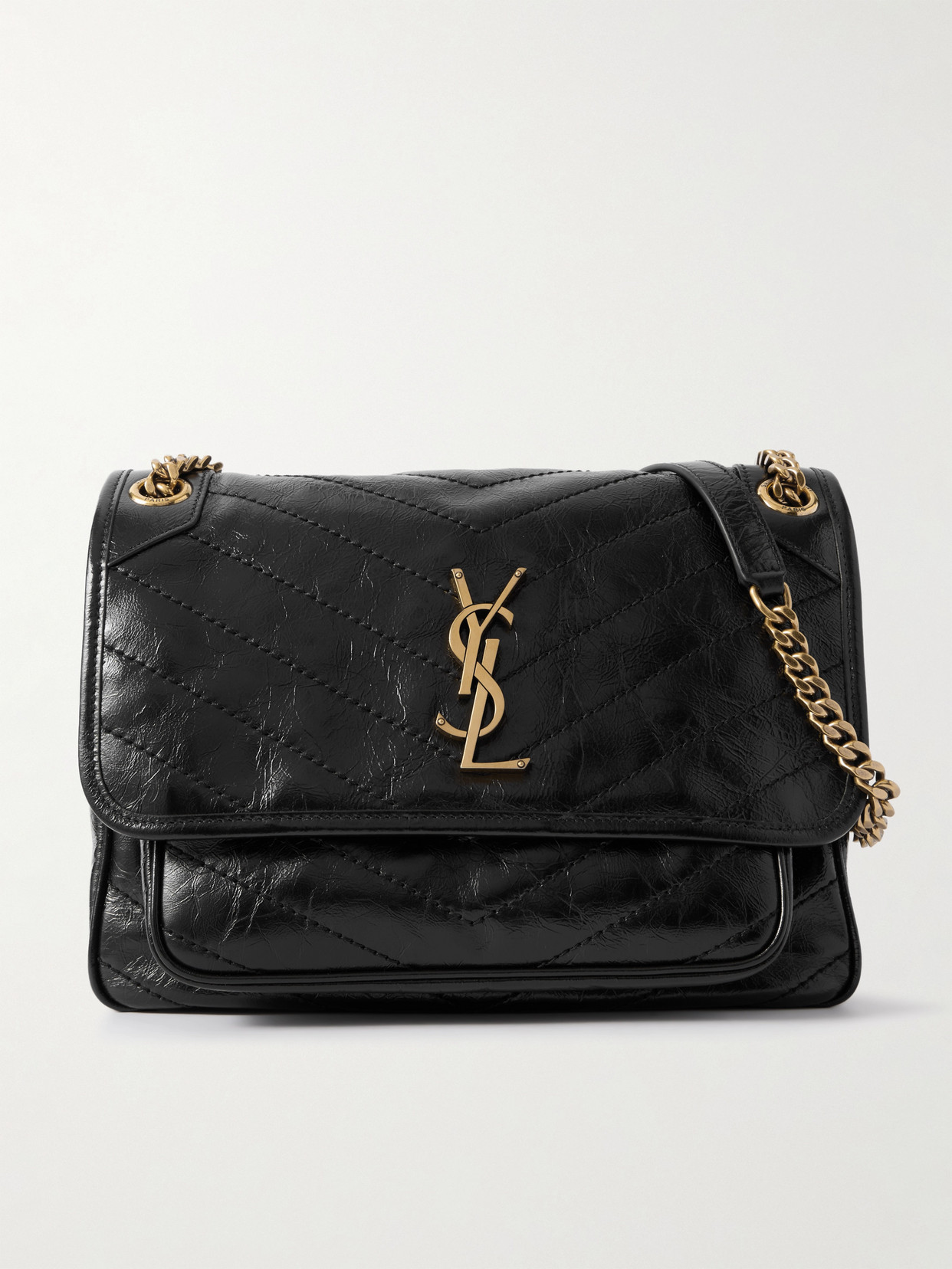 Saint Laurent Niki Medium Crinkled Glossed-leather Shoulder Bag In Black