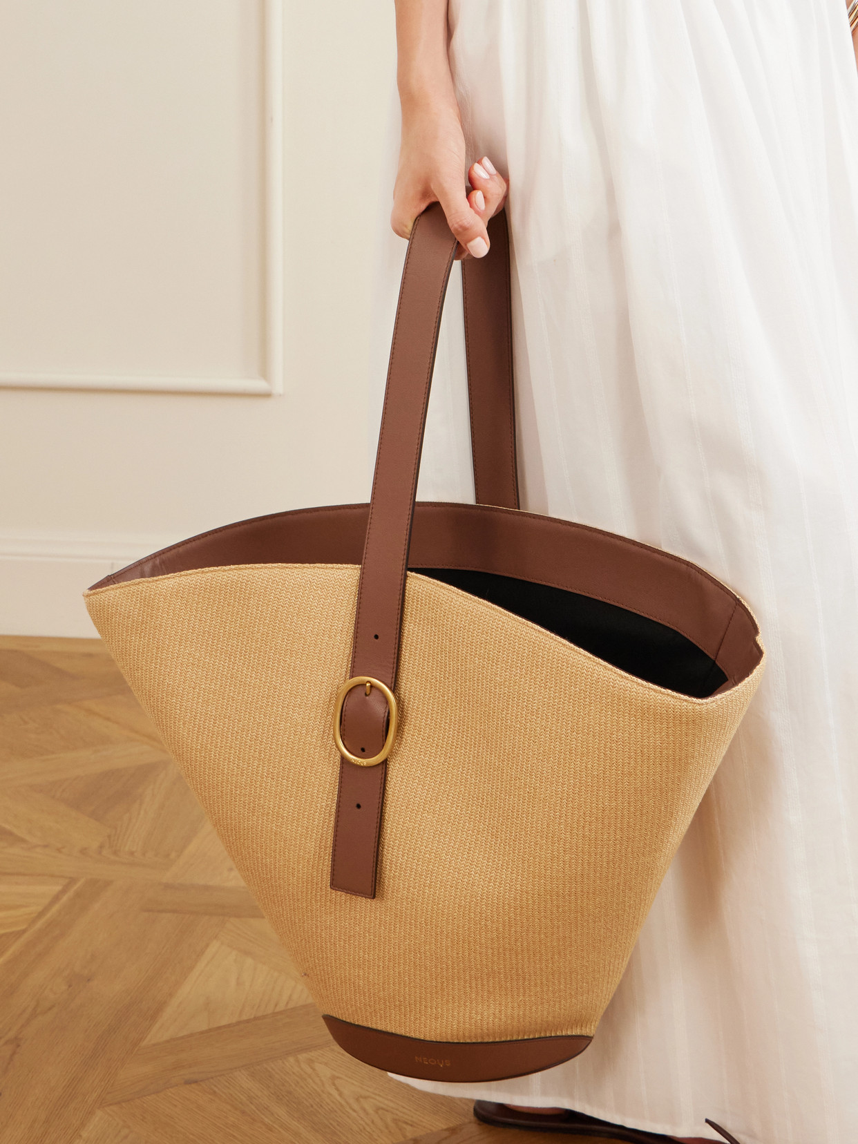 Apheli Leather-Trimmed Raffia Shoulder Bag